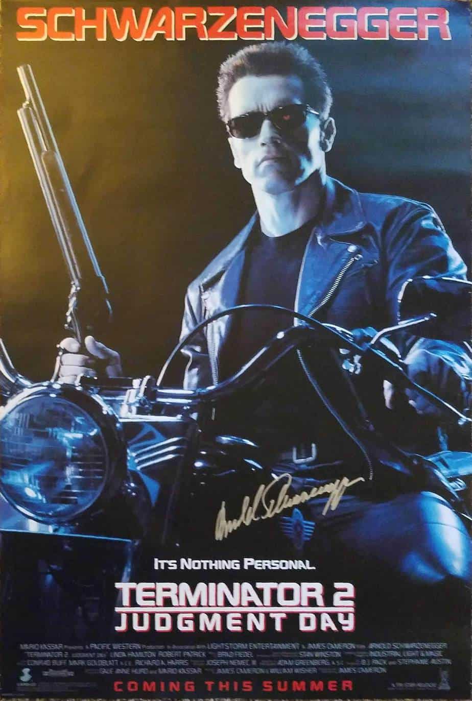 Terminator 2 Judgment day one sheet poster signed by Arnold Schwarzenegger.