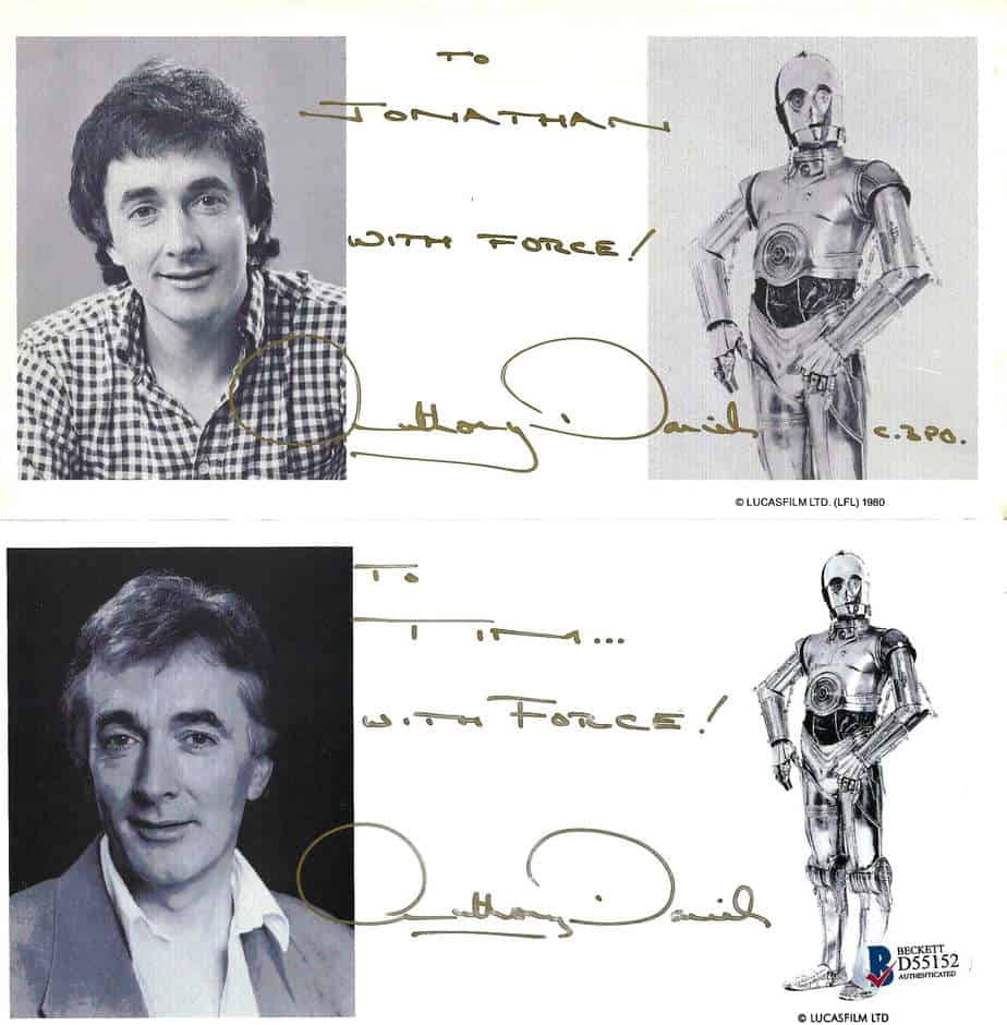 Authentic autographs from Anthony Daniels (C-3PO) signed in gold. Obtained through the mail (TTM) from the Official Star Wars Fan Club.