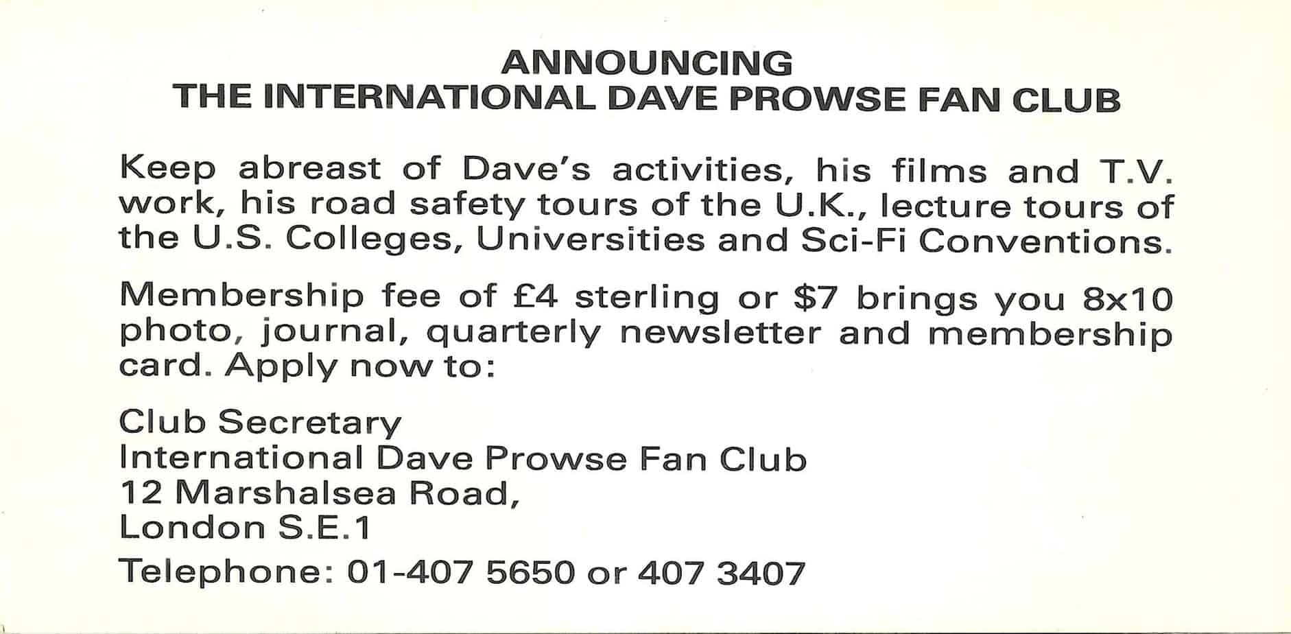 Advertisement for the David Prowse Fan Club