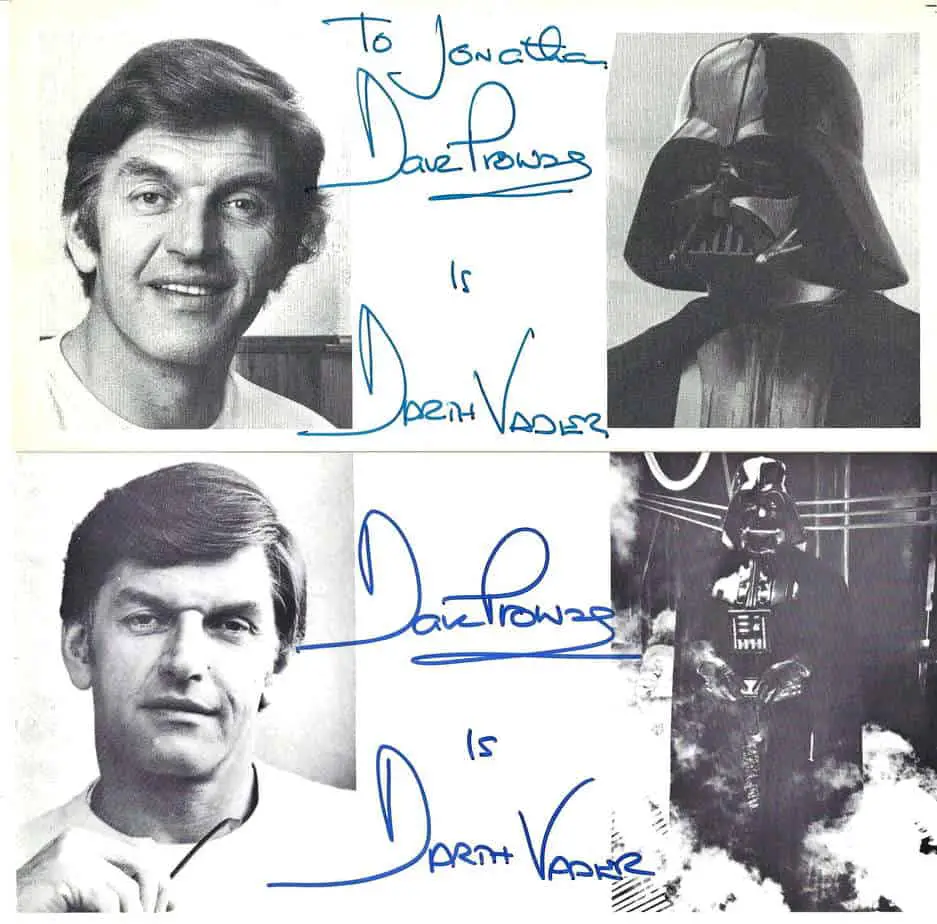 Authentic autographs from Dave Prowse signed in blue. Obtained through the mail (TTM) from the Official Star Wars Fan Club.