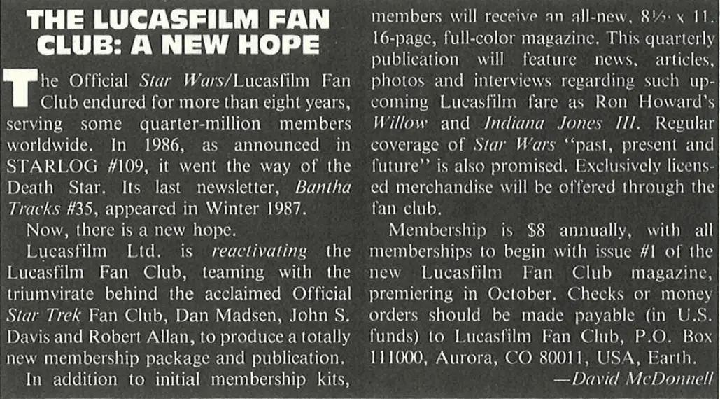 Advertisement for the Lucasfilm Fan Club from 1989