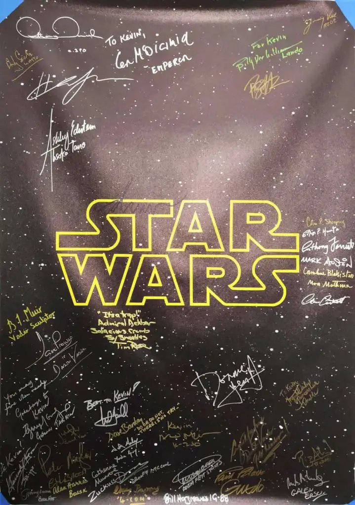 Star Wars Poster signed by multiple cast members. Autographs from Mark Hamill and more.