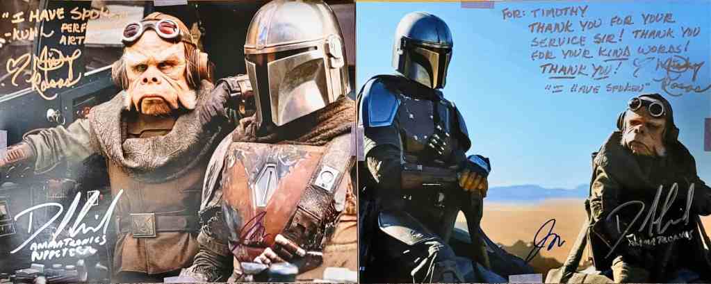 Two photos from "The Mandalorian" signed by Misty Rosas, David Covarrubias, and Jason Matthews