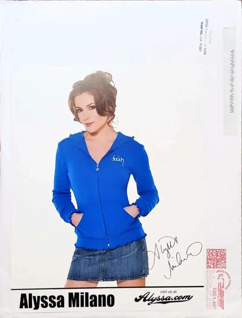Pre-printed autograph obtained TTM from actor Alyssa Milano.