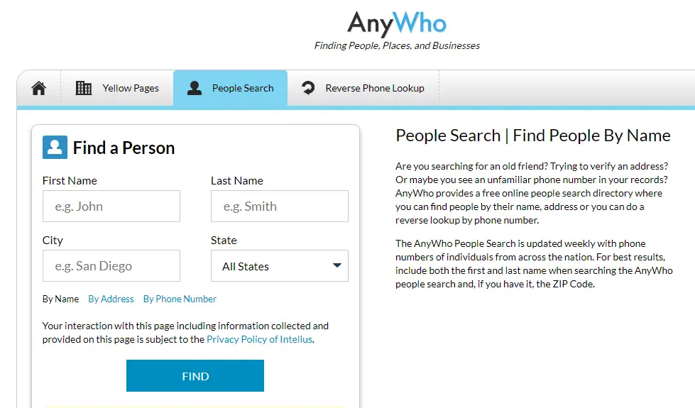 Anywho.com screenshot