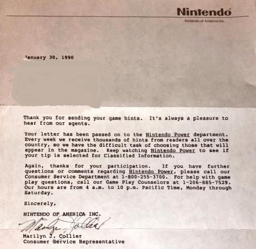 Letter from Nintendo Game Play Counselor Marilyn Collier