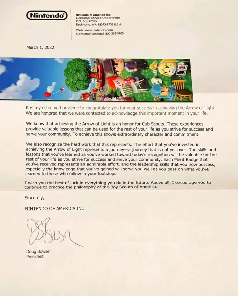 Nintendo letter signed by president Doug Bowser