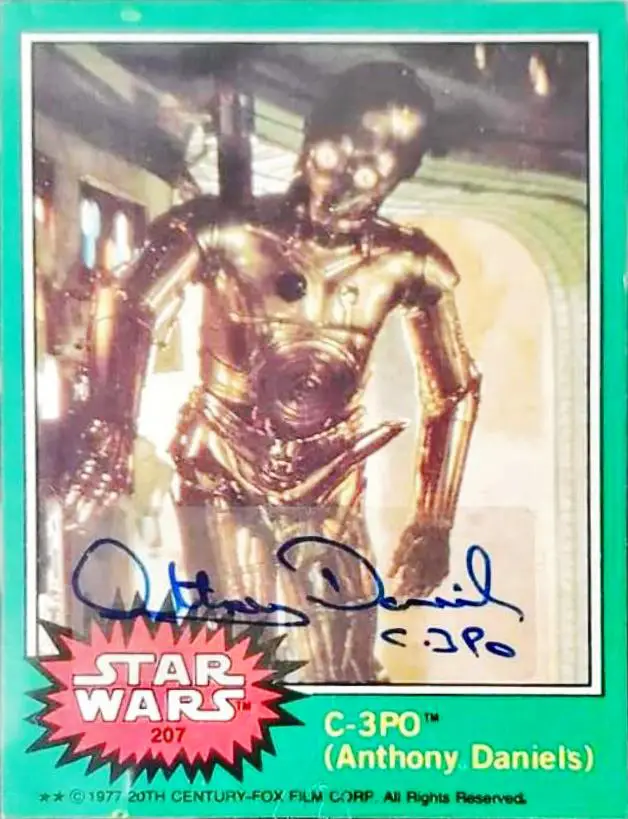 C-3PO Boner card with autograph sticker on Star Wars Topps