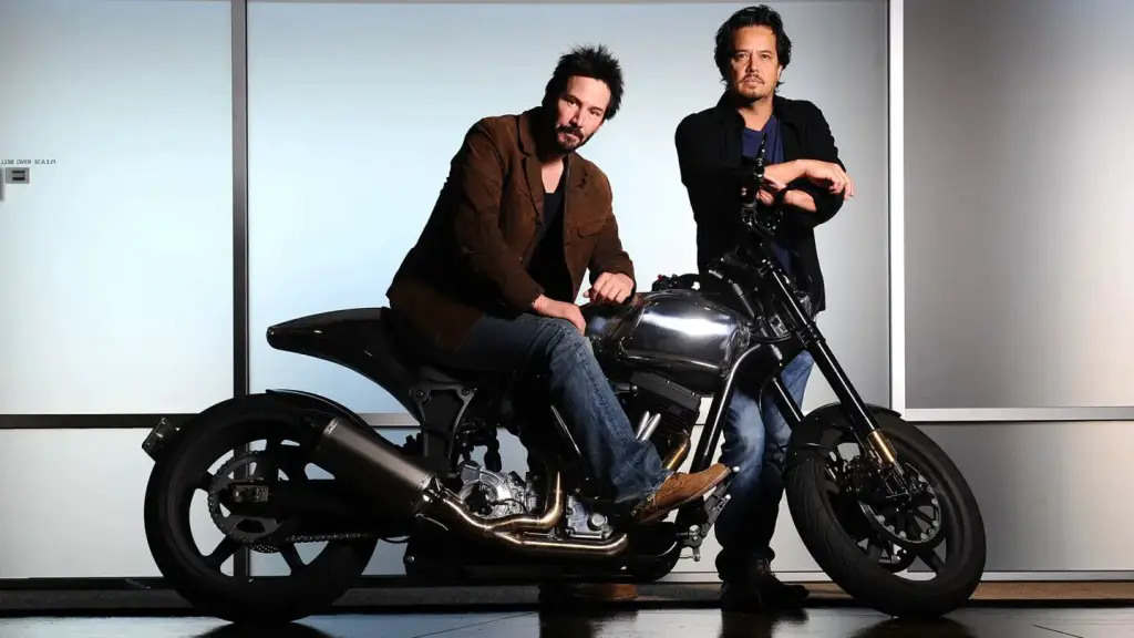 Actor Keanu Reeves, left, and Gard Hollinger have teamed to create Arch Motorcycle Co., which makes high-performance and very expensive motorcycles in Hawthorne. (Wally Skalij / Los Angeles Times)
