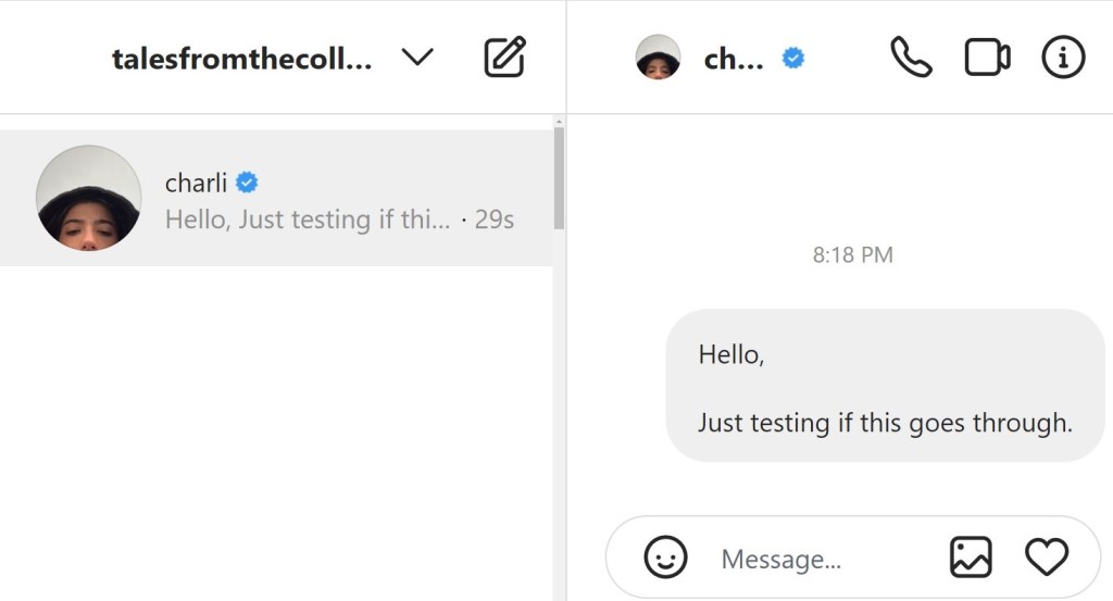 charli d amelio Instagram Message