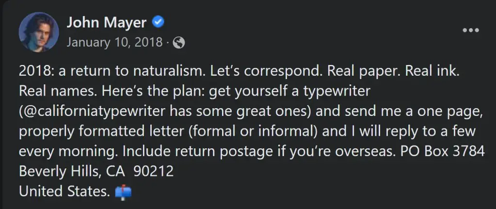 2018: a return to naturalism. Let’s correspond. Real paper. Real ink. Real names. Here’s the plan: get yourself a typewriter (@californiatypewriter has some great ones) and send me a one page, properly formatted letter (formal or informal) and I will reply to a few every morning. Include return postage if you’re overseas. PO Box 3784
Beverly Hills, CA  90212
United States. 📫