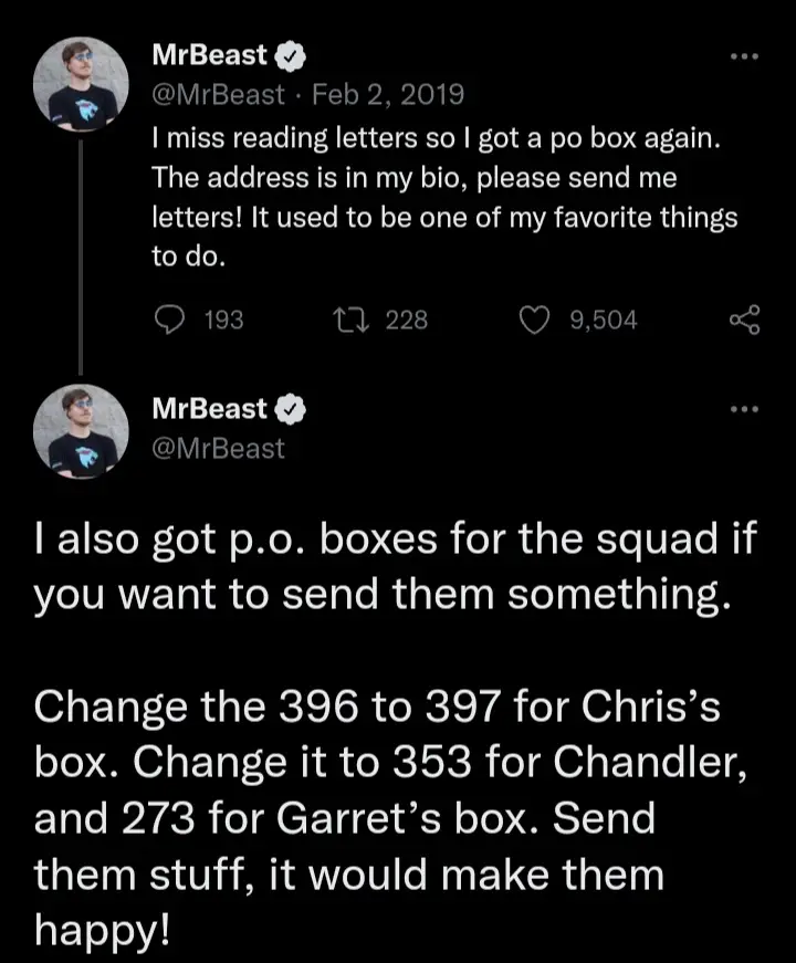 MrBeast Tweet about his PO Box.