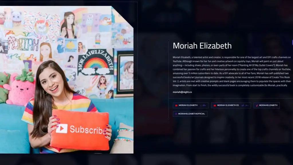 Moriah Elizabeth, a talented artist and creator, is responsible for one of the largest art and DIY crafts channels on YouTube. Although known for her fun and creative artwork on squishy toys, Moriah will paint on just about anything-- including shoes, phones, or even parts of her room (“Painting All Of My Outlet Covers”). Moriah has combined her passion for crafts and her hilarious personality to create one of the top crafts channels on YouTube, amassing over 5 million subscribers to date. As a DIY advocate to all of her fans, Moriah has self-published two successful books/art journals designed to inspire creativity. In her most recent 2018 release of Create This Book Vol. 2, artists are met with creative prompts and blank pages encouraging them to populate the spaces with their imagination. From start to finish, the wildly successful book is completely customizable (to Moriah, practically everything in her room is customizable!). From “Locked In My Art Room for 24 Hours” to her popular series “Squishy Makeover: Fixing Your Squishies”, Moriah’s content is always fascinating and perfect for viewers of all ages to enjoy.
