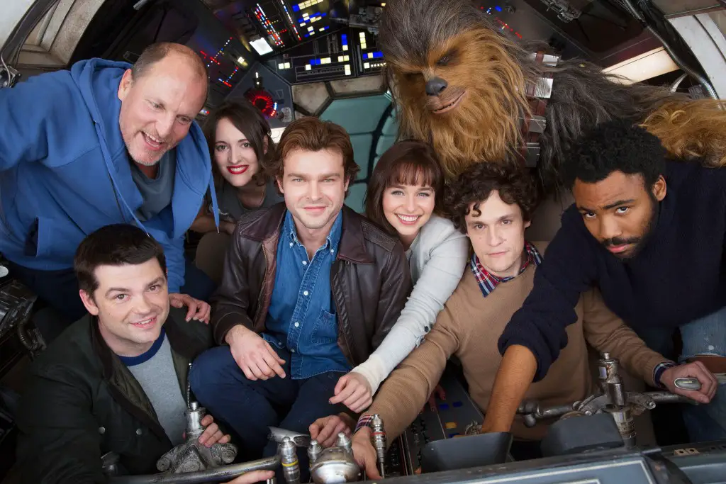 Emilia Clarke, Woody Harrelson, Phil Lord, Christopher Miller, Donald Glover, Alden Ehrenreich, Phoebe Waller-Bridge and Joonas Suotamo in Solo: A Star Wars Story