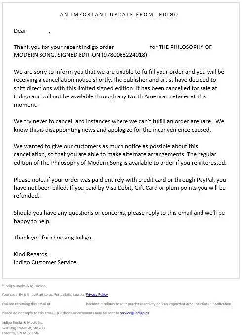 Indigo cancelation letter for Bob Dylan signed books.