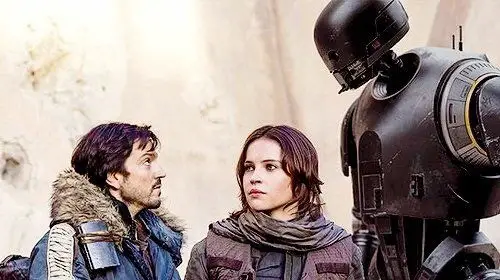 Still of Diego Luna, Felicity Jones and Alan Tudyk in Rogue One: A Star Wars Story