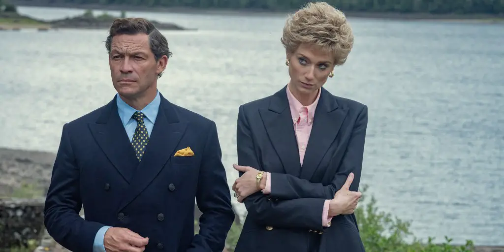 Still of Elizabeth Debicki and Dominic West in The Crown