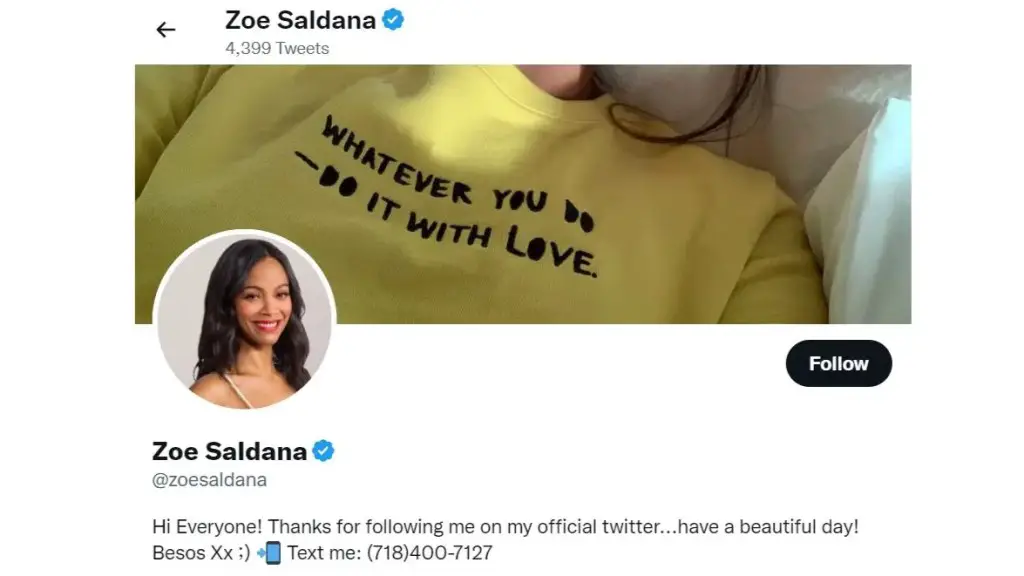 Zoe Saldana
@zoesaldana
Hi Everyone! Thanks for following me on my official twitter...have a beautiful day! Besos Xx ;) 📲 Text me: (718)400-7127