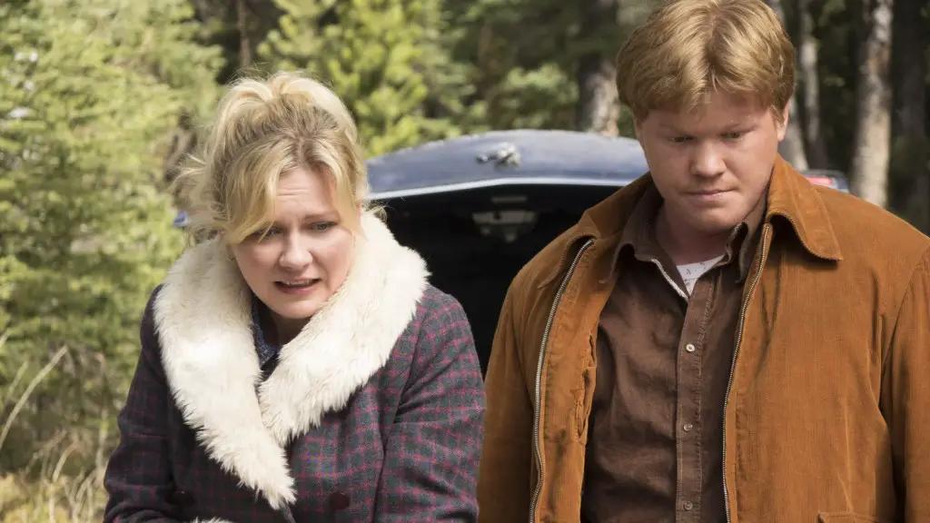 FARGO -- “Loplop” -- Episode 208 (Airs Monday, November 30, 10:00 pm e/p) Pictured: (l-r) Kirsten Dunst as Peggy Blumquist, Jesse Plemons as Ed Blumquist.
CR: Chris Large/FX