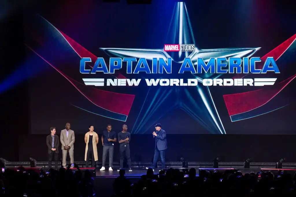 Kevin Feige, Carl Lumbly, Tim Blake Nelson, Anthony Mackie, Julius Onah and Danny Ramirez at event for Captain America: New World Order