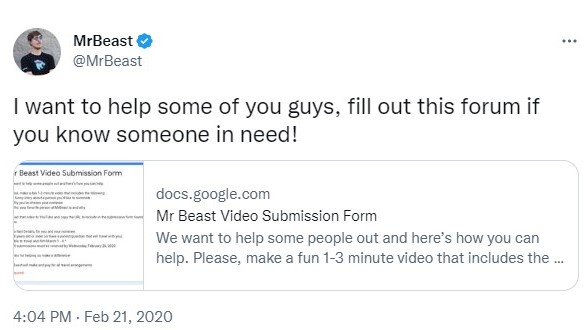 MrBeast Tweet seeking to help fans