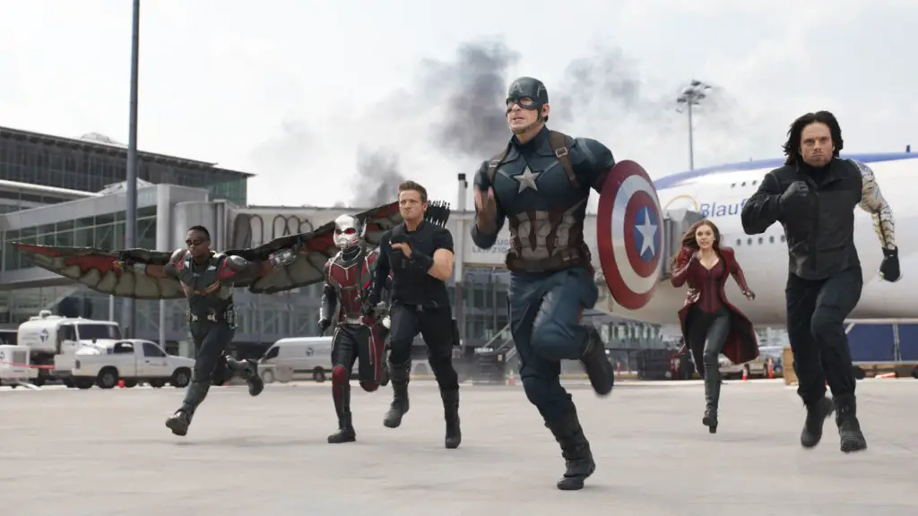 © 2016 - Marvel Studios L to R: Falcon/Sam Wilson (Anthony Mackie), Ant-Man/Scott Lang (Paul Rudd), Hawkeye/Clint Barton (Jeremy Renner), Captain America/Steve Rogers (Chris Evans), Scarlet Witch/Wanda Maximoff (Elizabeth Olsen), and Winter Soldier/Bucky Barnes (Sebastian Stan) Photo Credit: Film Frame © Marvel 2016