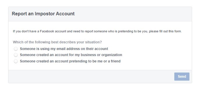 Facebook's impostor reporting form.