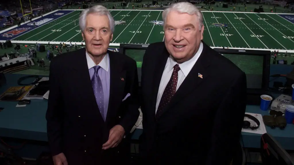 Pat Summerall (left) and John Madden in the broadcast booth together for the last time at Super Bowl XXXVI at the Louisiana Superdome in New Orleans, LA., 2/3/02. Summerall is retiring after 21 years with Madden. Photo by Frank Micelotta/ImageDirect.