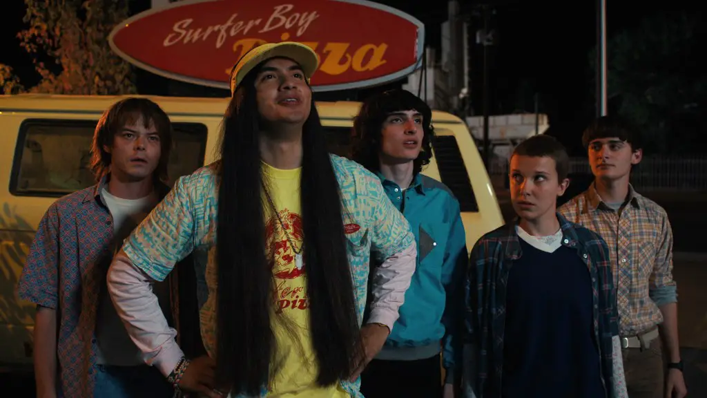 Still of Finn Wolfhard, Millie Bobby Brown, Finn Wolfhard, Charlie Heaton and Eduardo Franco in Stranger Things and Chapter Nine: The Piggyback