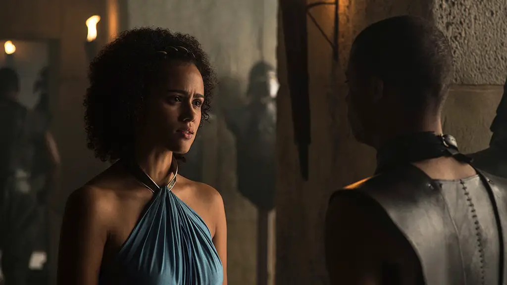 Still of Nathalie Emmanuel and Jacob Anderson in Game of Thrones and The Wars to Come