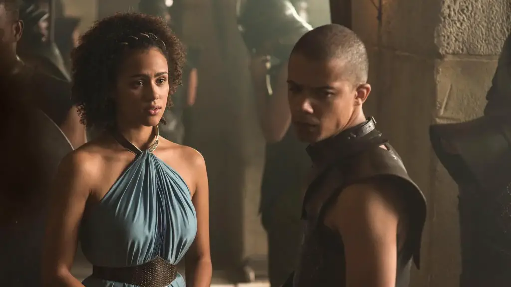 Still of Nathalie Emmanuel and Jacob Anderson in Game of Thrones and The Wars to Come