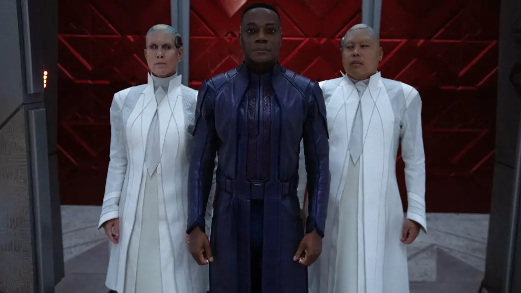 Still of Chukwudi Iwuji, Miriam Shor and Nico Santos in Guardians of the Galaxy Vol. 3