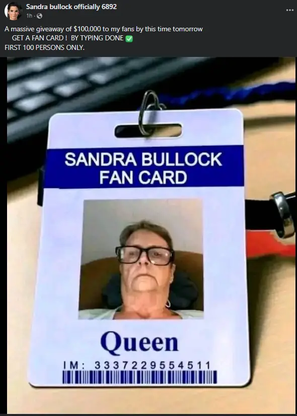Sandra Bullock Fan Card Example
