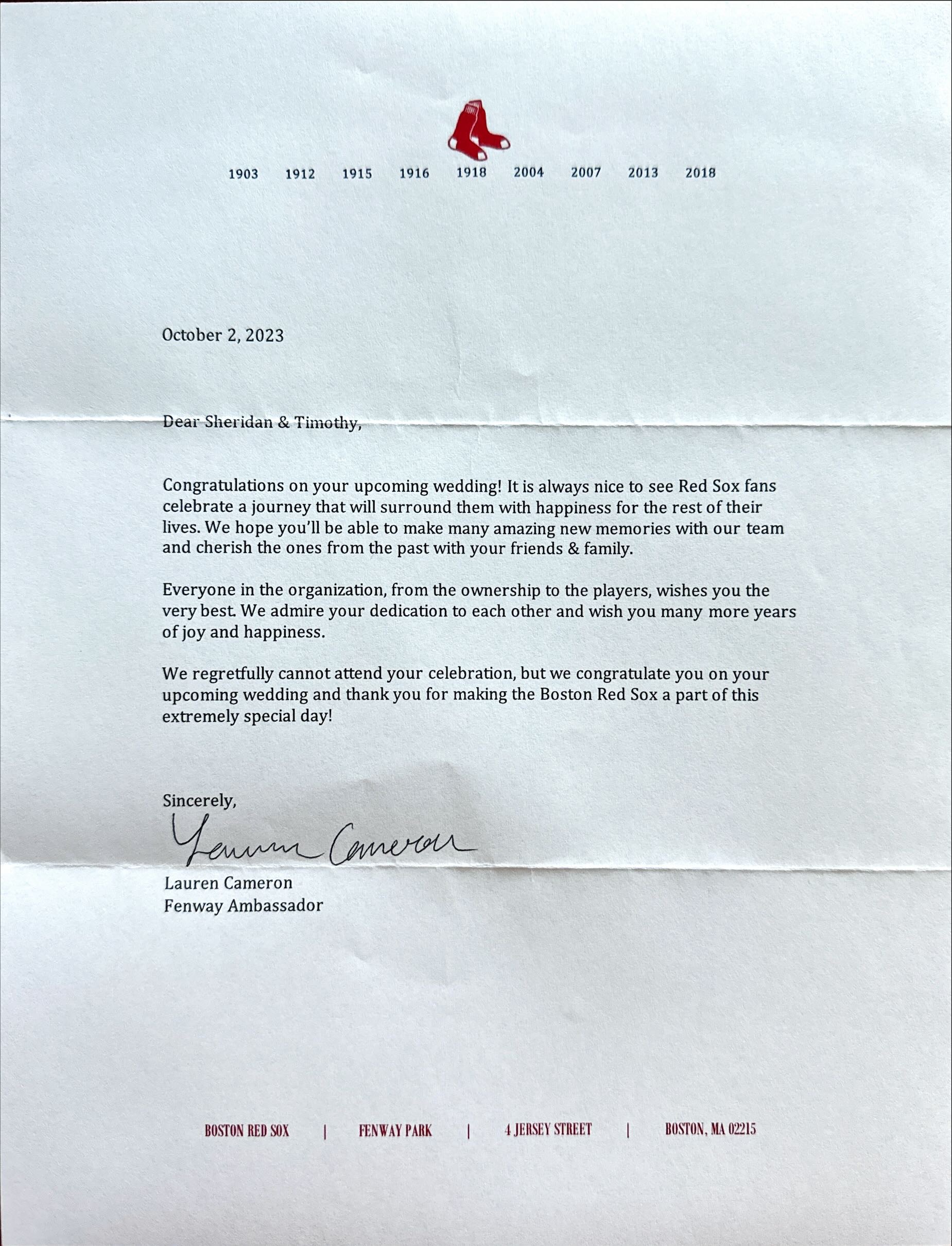 Boston Red Sox Letter