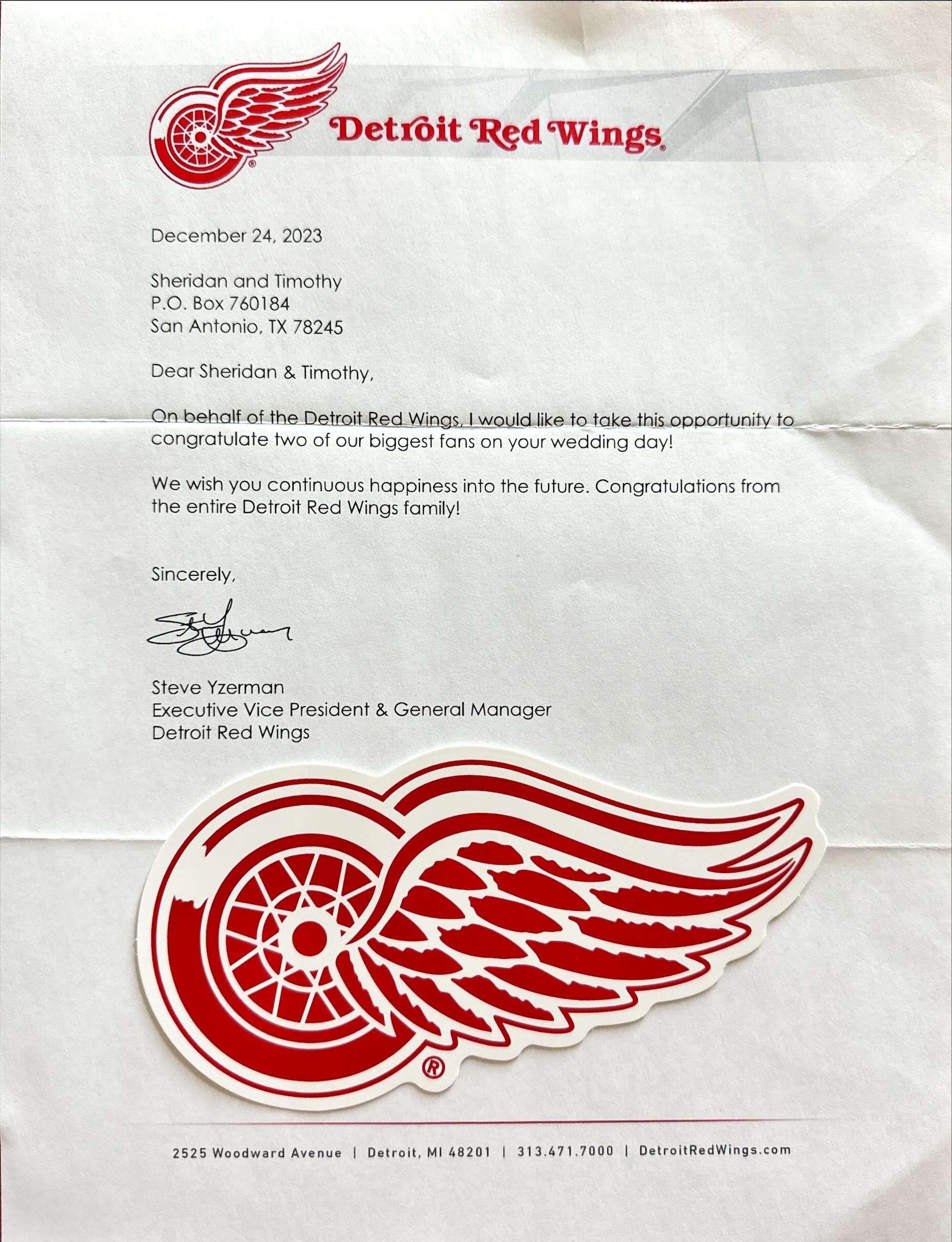 Detroit Red Wings Letter