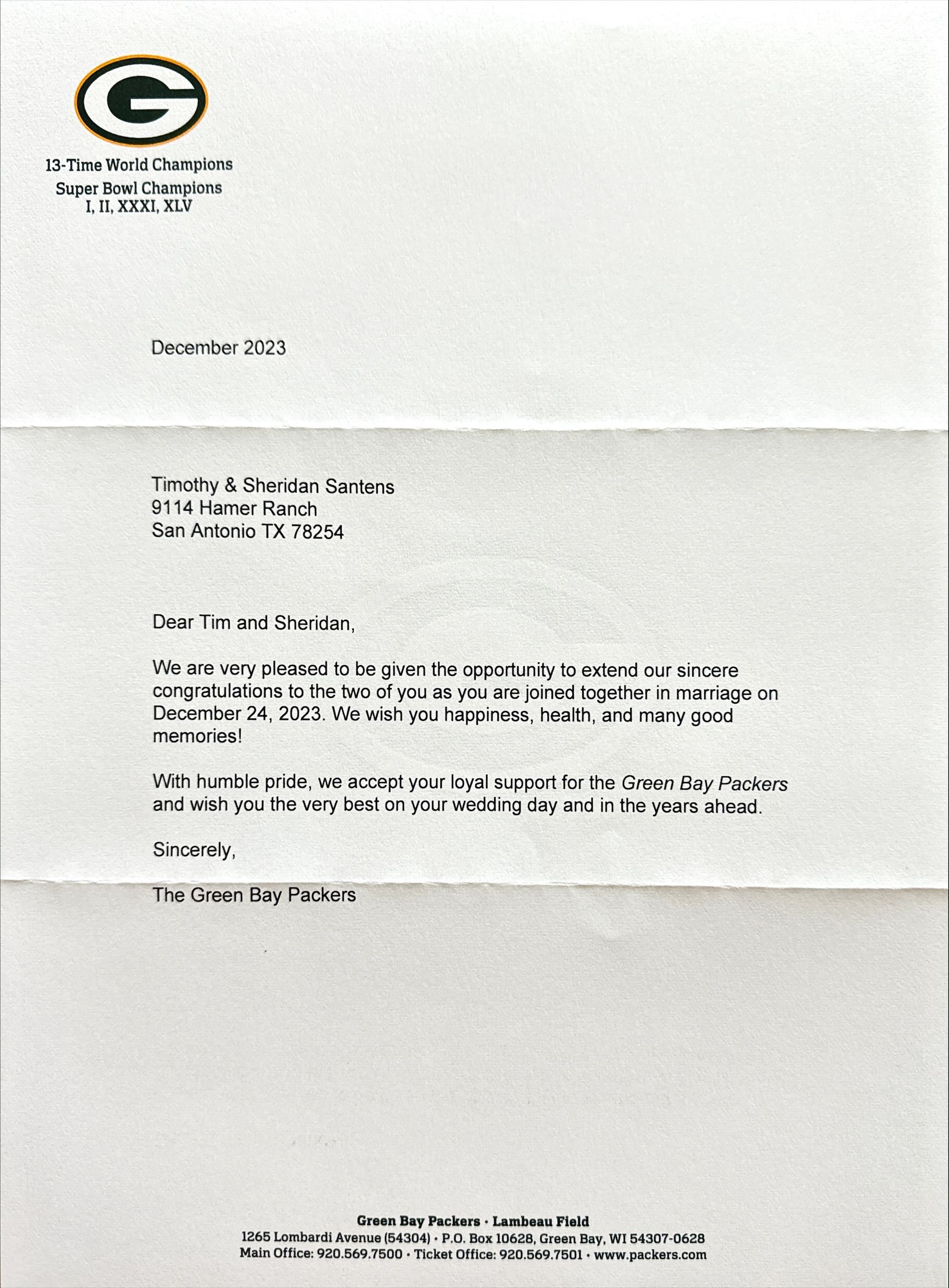 Green Bay Packers Letter