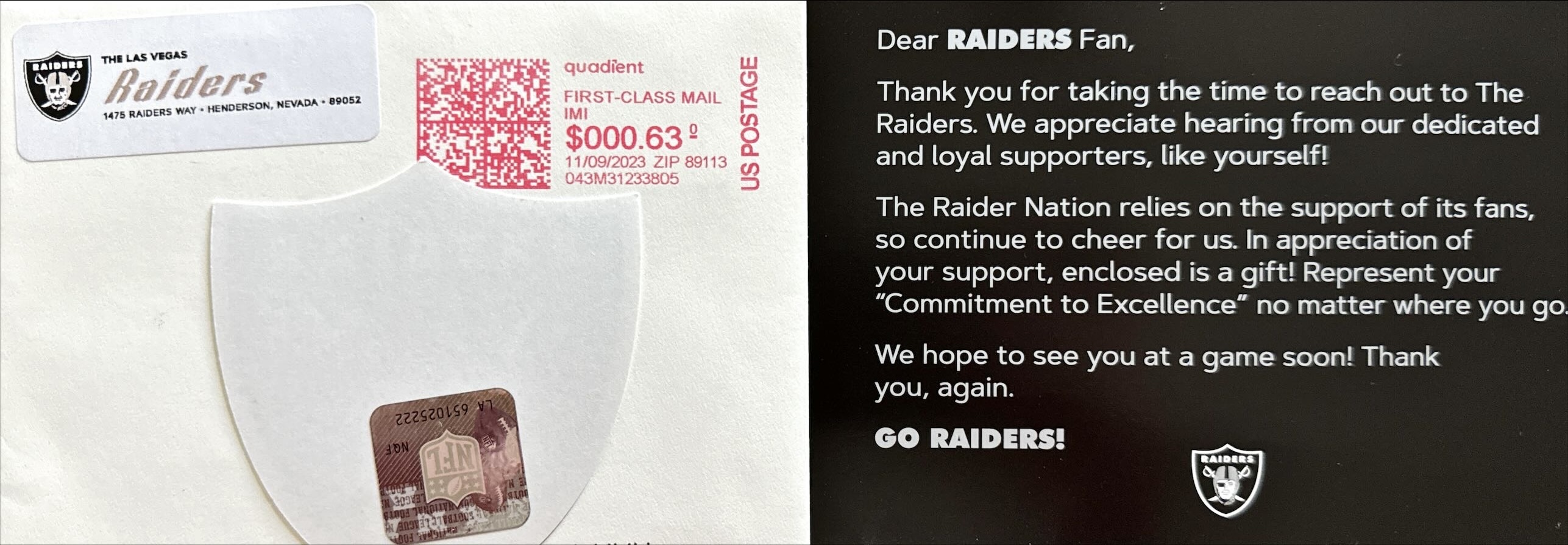 Las Vegas Raiders Letter