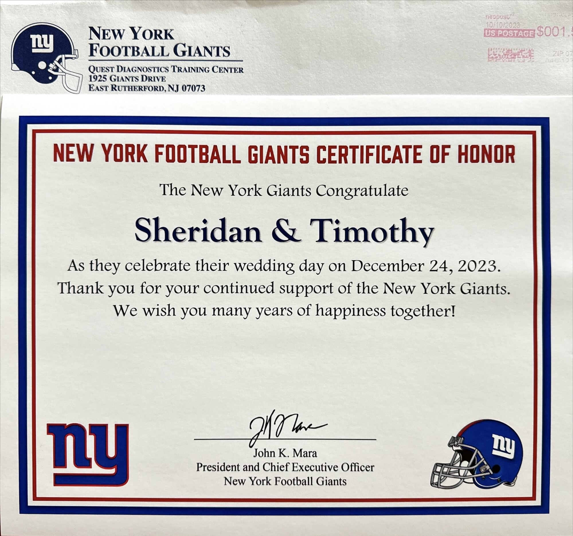 New York Giants Certificate