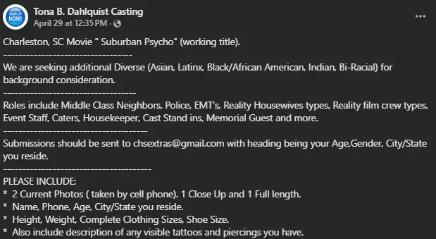 Diverse Background Casting Call for Suburban Psycho