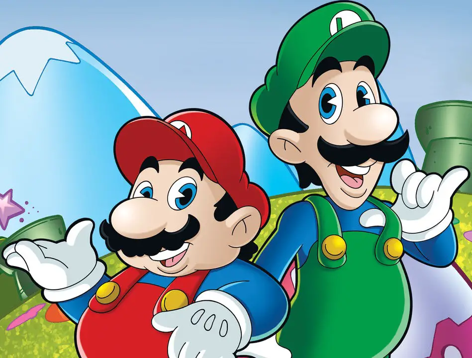 A cheerful 2D cel-style illustration of Mario (in red and blue overalls and cap) and Luigi (in green and blue overalls and cap), both looking toward the viewer with bright expressions. Luigi is positioned slightly behind and to the right of Mario, and they pose with arms raised in greeting. The background shows a simple hill and sky scene typical of their cartoon world.