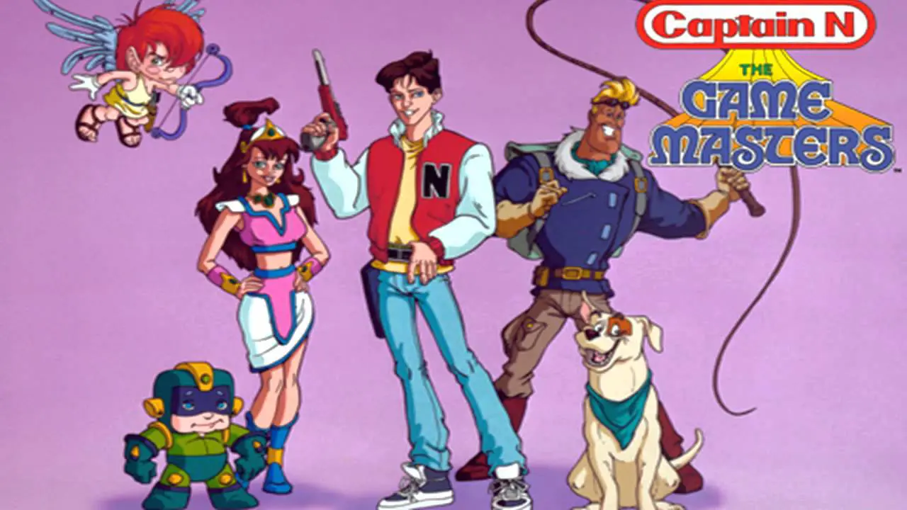 Kevin, Simon Belmont, Kid Icarus, Mega Man, and Princess Lana stand ready for action in a dramatic lineup from the Captain N animated series.