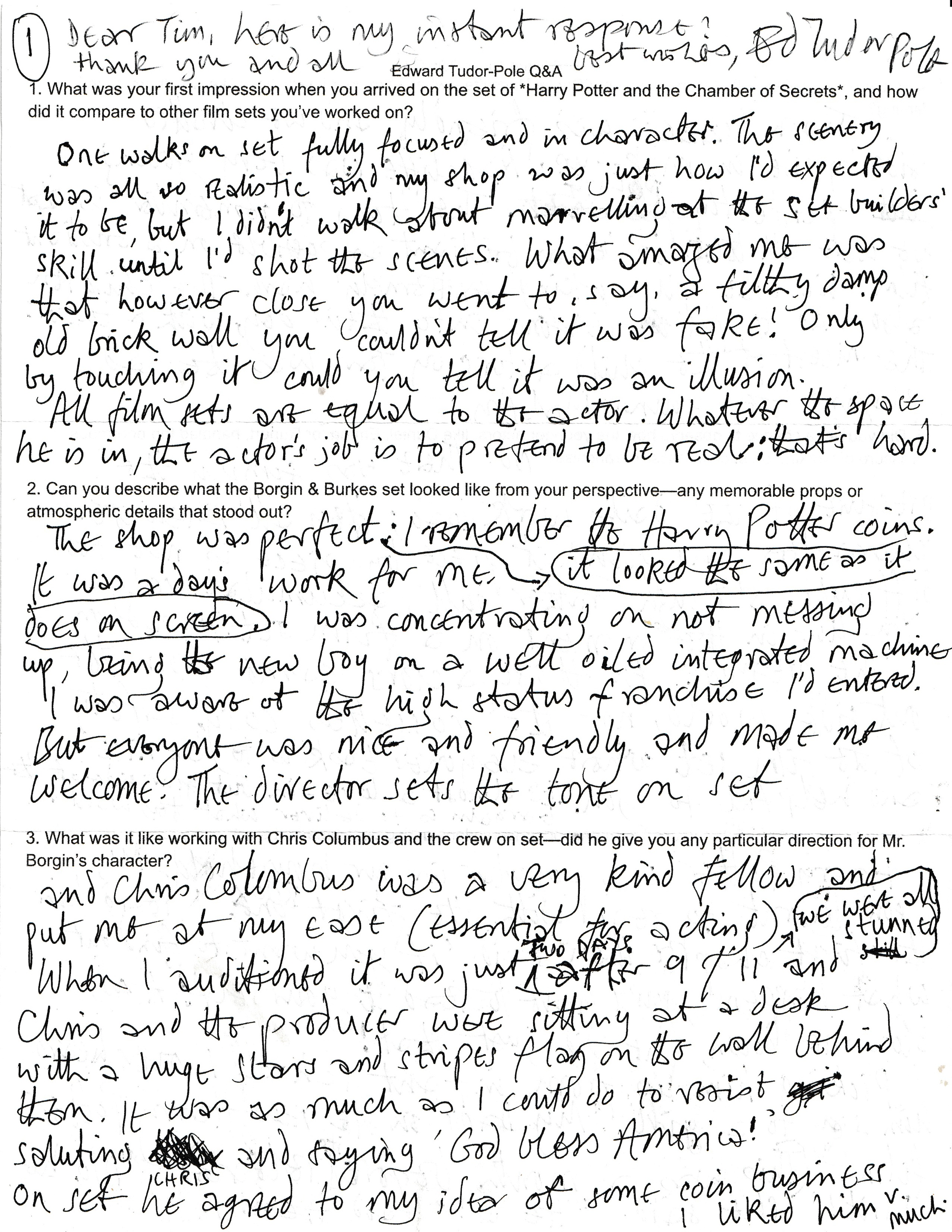 Edward Tudor-Pole Q&A handwritten page 1